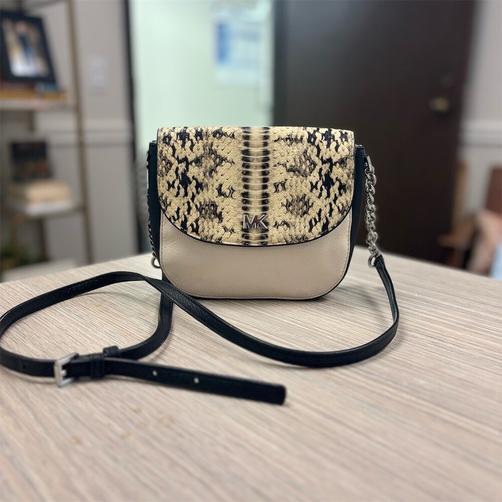Michael Kors Crossbody Bag Womens Small Beige Snake Print Flap Black